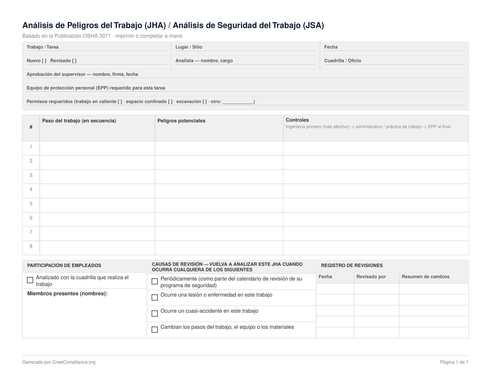 Formulario de Análisis de Peligros del Trabajo (JHA/JSA) — horizontal, 1 página