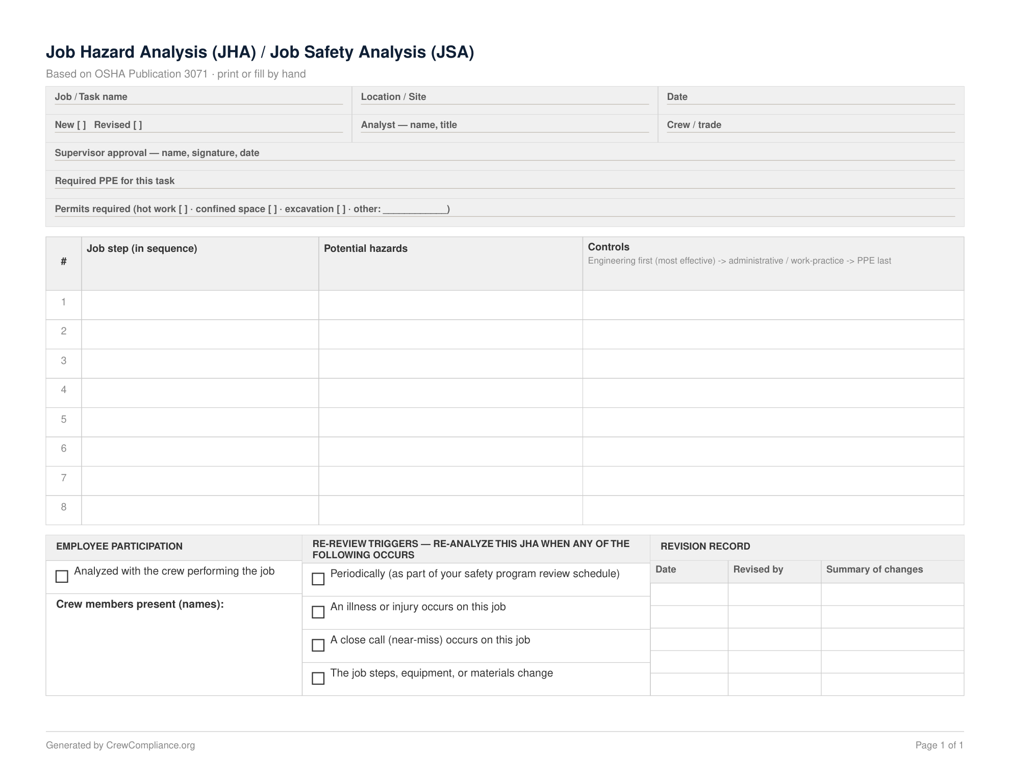 Job Hazard Analysis (JHA / JSA) Form — landscape, 1 page